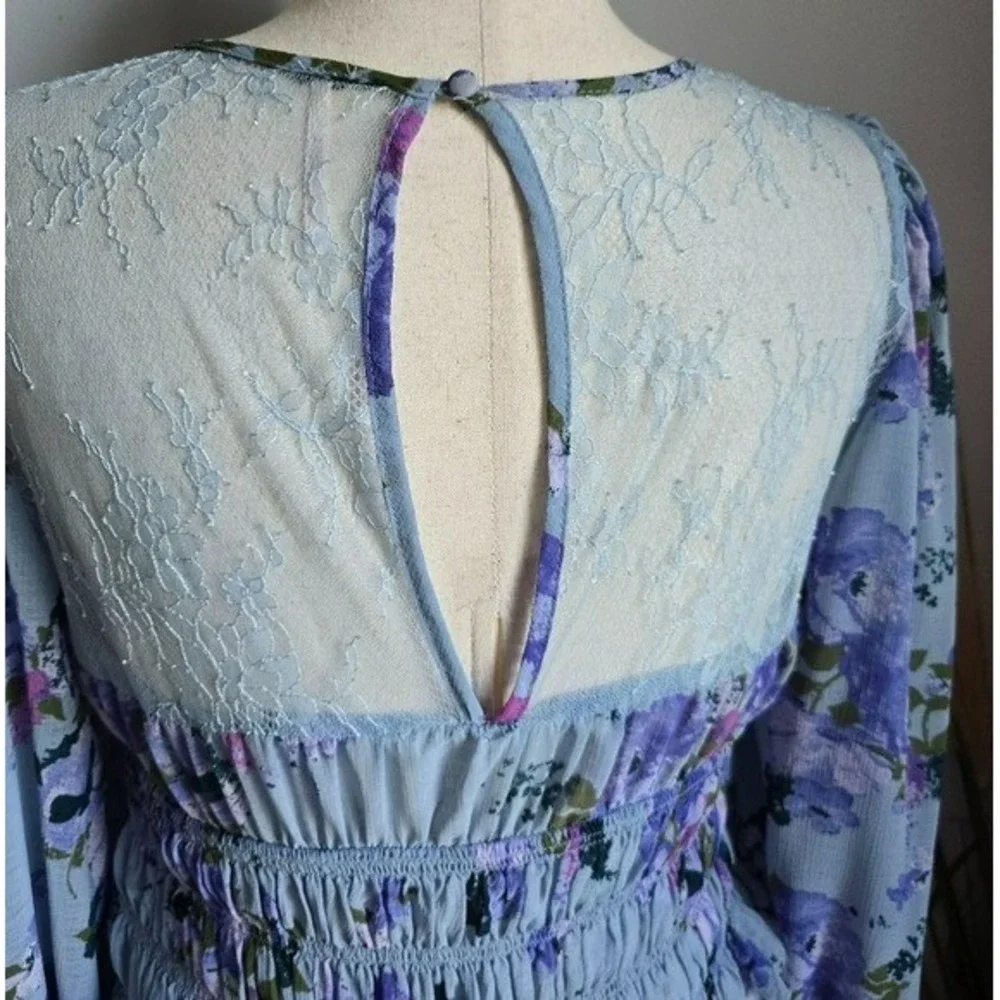 Free People Daphne Blue Floral Lace Smocked Blouse Top SZ Large Coquette Fairy